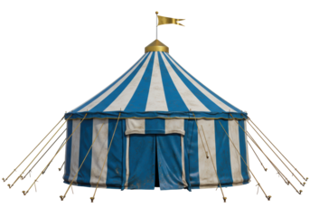 Isolated, weathered circus tent with blue and white stripes, golden flagpole, no people