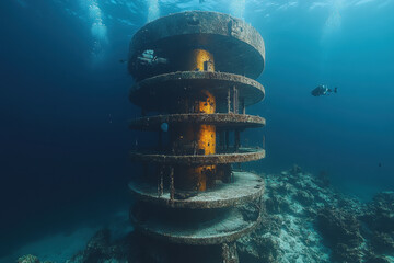 Diver exploring alongside a large boat in the ocean.
