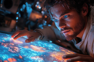 Man intensely focused on computer screen.