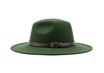 Isolated green fedora hat with brown leather strap, fashionable casual headwear item