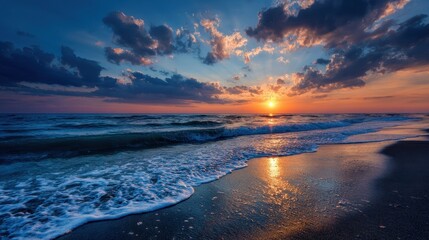 Fototapeta premium Ultra quality image of breathtaking sunset over a serene beach with tranquil blue sky, perfect wallpaper.