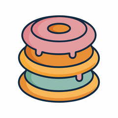 Stack of three colorful donuts with pink frosting on top