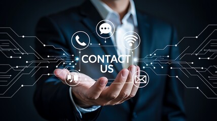 Businessman holding digital contact us icons and network connections representing customer service and communication options