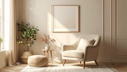 A serene and minimalist living room corner with a cream armchair, a potted plant, and a framed picture on a light wall, bathed in natural sunlight.
