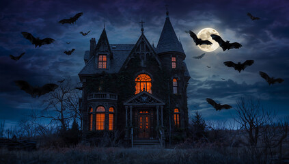 Eerie Gothic House in Dark Landscape with Bats Flying Across the Full Moon