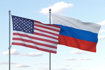 Fototapeta premium American and russian flags waving together in the wind against a bright blue sky with scattered clouds