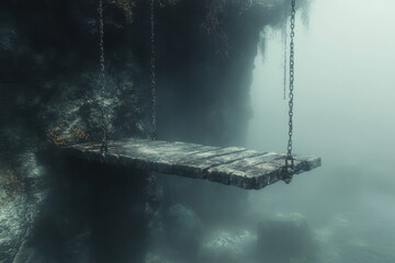 Wooden swing hanging over misty sea.