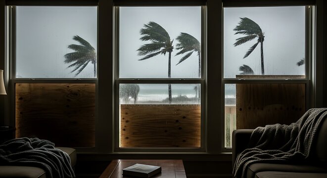 Hurricane Impact on Coastal Home Palm Trees.