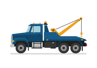 A blue tow truck with a yellow crane and hook