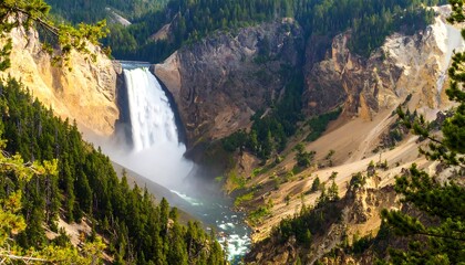 Majestic waterfall cascades through a canyon landscape