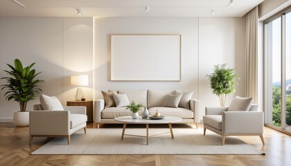 Modern beige living room interior with large blank canvas, comfortable seating, and plants.