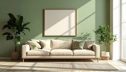 Modern living room interior with a beige sofa, green walls, potted plants, and a blank picture frame, bathed in natural sunlight.