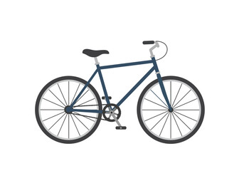 A dark blue bicycle with black tires and seat on a white background