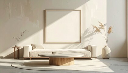 Serene and minimalist living room interior featuring a blank mockup frame above a beige sofa in bright sunlight.