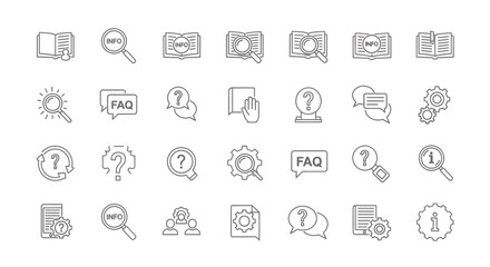 Information Icons Set  FAQ Help Support Knowledge Base Search Book and Question Mark Symbols