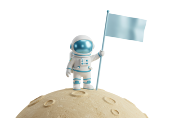 Isolated spaceman explorer planting a flag on the moon surface to claim it for humankind