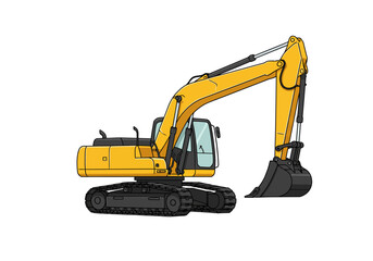 A yellow excavator with black tracks and bucket on a white background