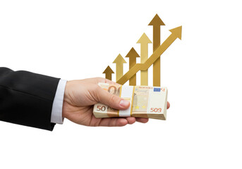 Isolated hand holding money with growing arrows pointing up signifying financial gain