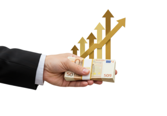 Isolated hand holding money with growing arrows pointing up signifying financial gain