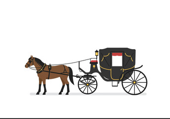 Brown horse pulling a black carriage with yellow trim