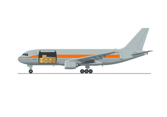 Fototapeta premium Cargo airplane with open bay loaded with boxes on a runway