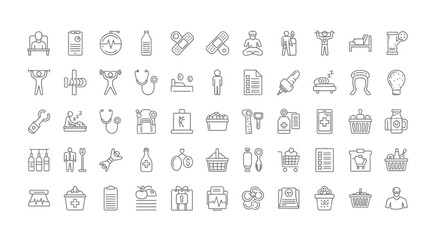 Fototapeta premium Healthcare Icons Set Medical Pharmacy Hospital Clinic and Wellness Related Line Icons Collection