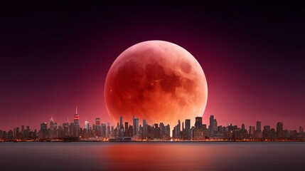 Lunar eclipse casts red glow over skyline of city during nighttime