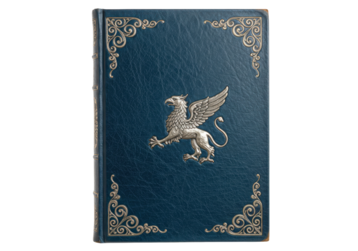 Isolated old book with gryphon, green leather cover, antique ornate corner decoration