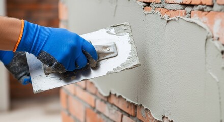 Plastering Brick Wall: A Construction Worker's Hands Applying Plaster Using a Trowel