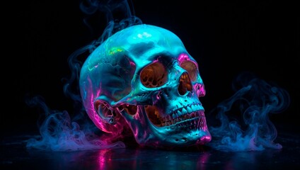Shiny metallic human skull. Pink and blue neon lights on a dark surface, obscured by swirling white smoke. Eerie, mysterious atmospheric death concept wallpaper illustration.	