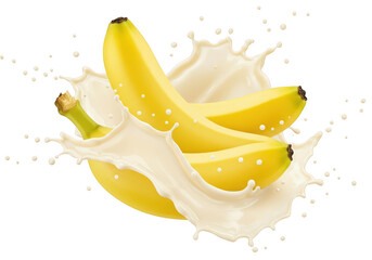 Fresh banana slices splashing into creamy white liquid creating a delicious dynamic splash transparent background