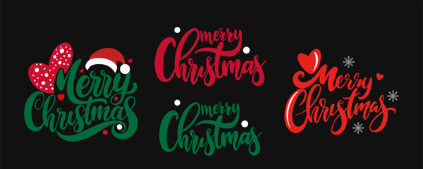 Vector Christmas lettering clipart: “Merry Christmas” in calligraphy with Santa hat, snowflakes and hearts. Transparent background; preview uses dark backdrop for visibility
