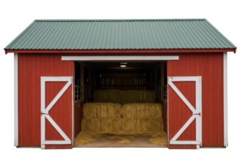 Isolated rural barn entrance loaded with straw, doors open, red painted wood, green metal roof