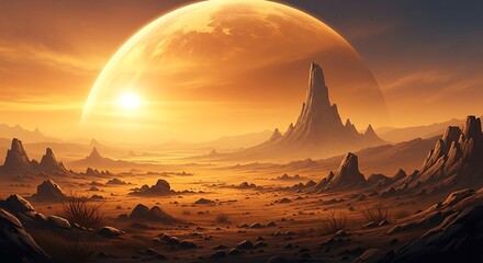 Desert Planet Sunrise Landscape.