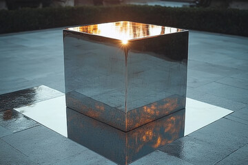 Large metal cube with reflection.