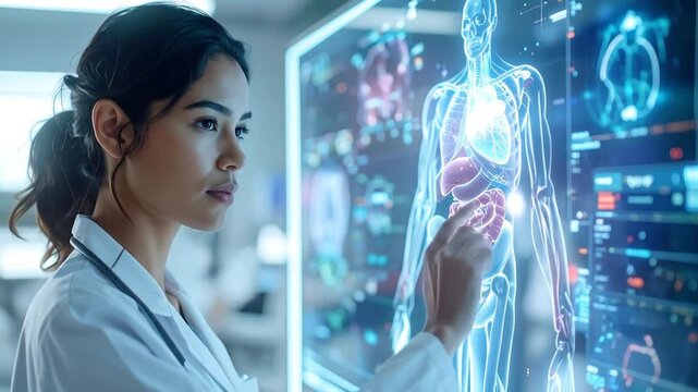 A female doctor in a lab coat interacts with a holographic display of a human body, examining internal organs in a futuristic setting. - Powered by Adobe