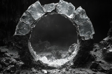 Portal in a dark cave emitting a mystical light.