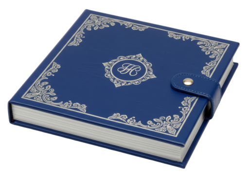Isolated royal blue journal or diary with silver ornate design and paper book block