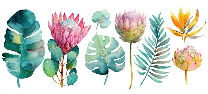 Set of watercolor protea flower and tropical leaves, hand painted illustration of exotic australian and african floral elements isolated on a white background. High quality