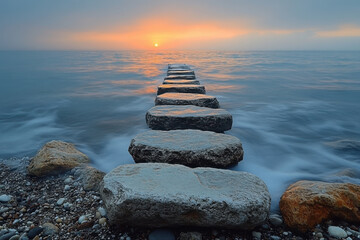 Sun setting over ocean at end of jetty.