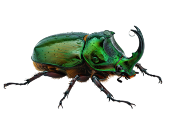 Isolated iridescent rhinoceros beetle, side view with water droplets, tropical bug or insect