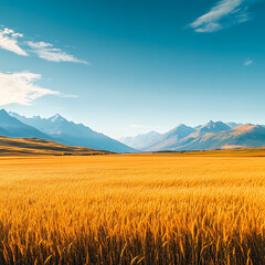 Golden wheat field with mountain range background under clear sky high resolution picture