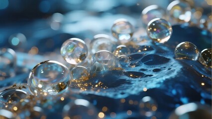 Close-up of transparent bubbles on a blue, textured surface with golden specks and reflections
