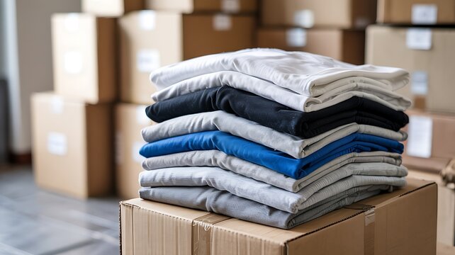 Neatly folded stack of casual t shirts in various colors resting on a cardboard box with more boxes in the background