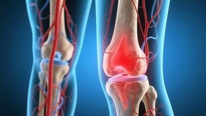 Anatomical illustration of human knee joints with highlighted inflammation and vascular system