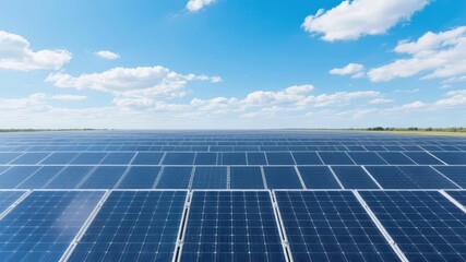 Rows of solar panels stretch across a vast field under a clear blue sky with scattered clouds.