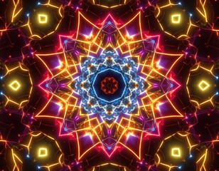 A vibrant, symmetrical kaleidoscope pattern with glowing neon geometric shapes in shades of blue, pink, and yellow.