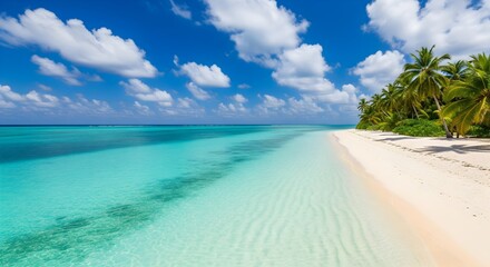 Tropical beach with palm trees and turquoise ocean view