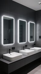 Modern bathroom with three illuminated mirrors and white square sinks on a dark countertop