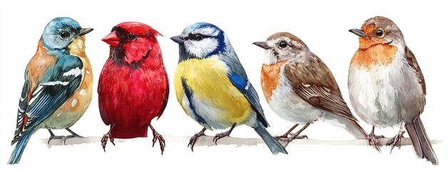 Bird set watercolor illustration. Finch, red cardinal, eastern bluebird, goldfinch, robin, wren image. Realistic garden and forest birds collection. Beautiful backyard avian set on white background